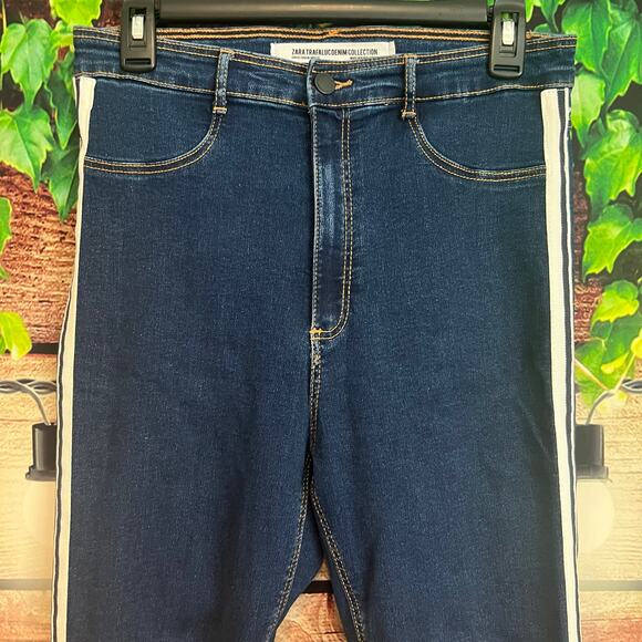 Zara Trafaluc Striped High Rise Skinny Jeans Womens 10 Stretch Blue White Pants - Picture 5 of 6